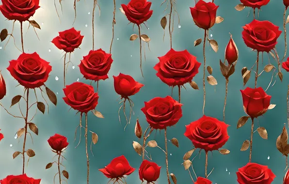 Wallpaper leaves, flowers, red, roses, texture, stem, a lot, blue ...