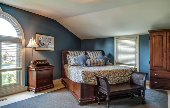 Picture design, style, bed, pillow, wardrobe, bedroom, chest