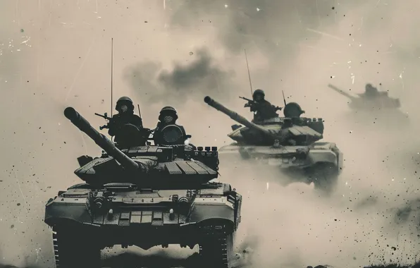 Dust, Smoke, Retro, Tanks, Digital art, Black and white, Column, Tankers