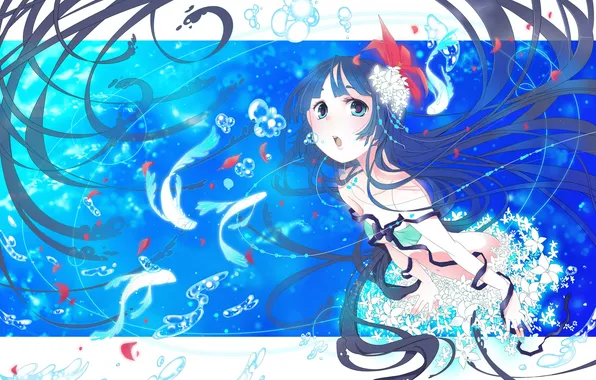 Girl, fish, flowers, tape, bubbles, anime, art, kiko