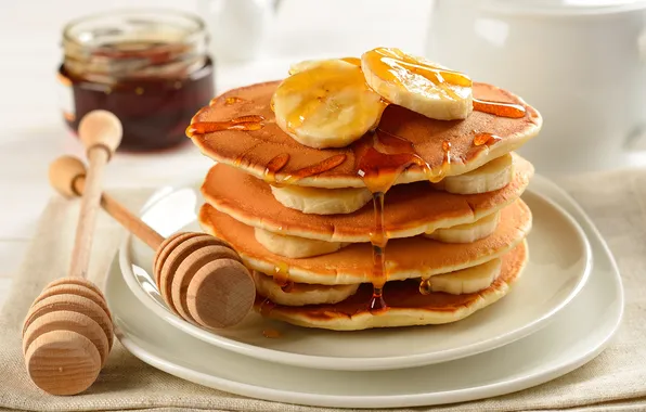 Picture honey, banana, layers, sweet, pancakes