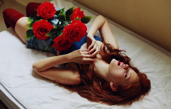 Picture girl, flowers, lies, red