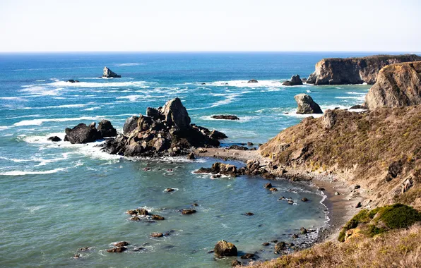 Sea, the sun, stones, rocks, coast, horizon, USA, California