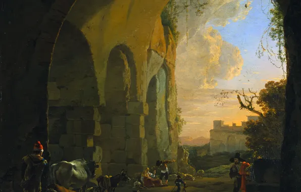 Picture landscape, oil, picture, Yan Asselin, Jan Asselijn, 1652, Shepherds with Cattle under a Vault of …