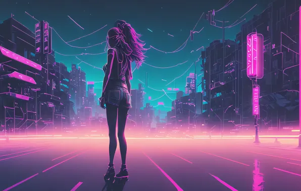 Girl, night, the city, pink, shorts, neon, cyberpunk, slender legs