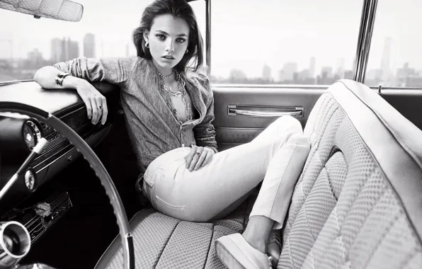 Look, girl, sweetheart, model, the wheel, black and white, beautiful, in the car
