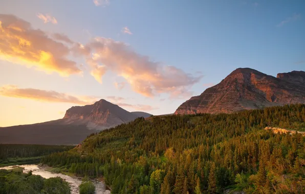 Forest, clouds, mountains, river