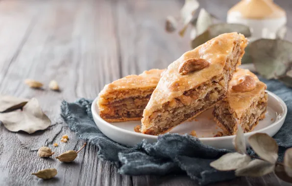 Plate, fabric, nuts, dessert, the dough, baklava