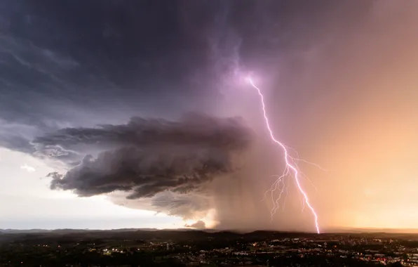 Clouds, storm, nature, the city, element, lightning, storm, panorama
