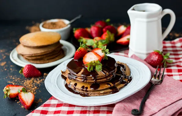Picture chocolate, Breakfast, strawberry, chocolate, sweet, pancake
