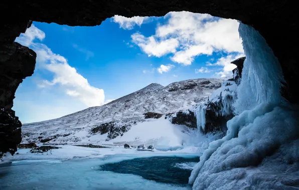 Winter, the sky, clouds, snow, mountains, blue, rocks, shore