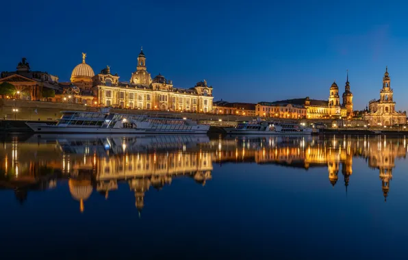 Reflection, river, building, Germany, Dresden, architecture, night city, Germany