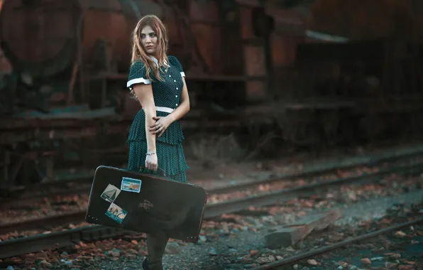 Girl, pose, mood, rails, the engine, suitcase, Antonio Conde