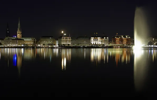 Night, lights, home, Germany, fountain, town hall, the Alster lake, Hamburg, n