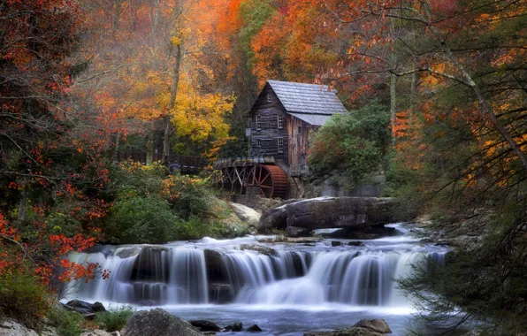 Autumn, forest, river, stones, foliage, waterfall, home, water mill
