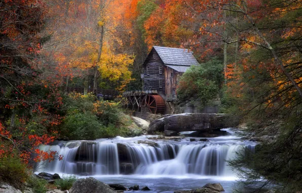 Picture autumn, forest, house, river, stones, foliage, waterfall, water mill