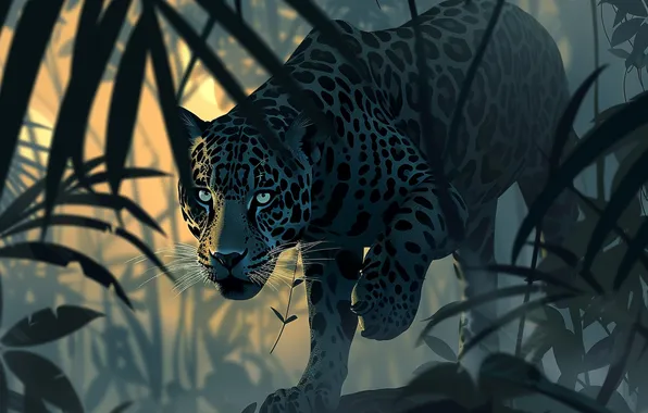 Grass, Look, Jaguar, Face, Predator, Art, Digital art, Big cat