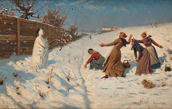 Norwegian painter, Hans Dahl, Hans Dahl, Norwegian painter, Throwing snowballs, Throwing snowballs