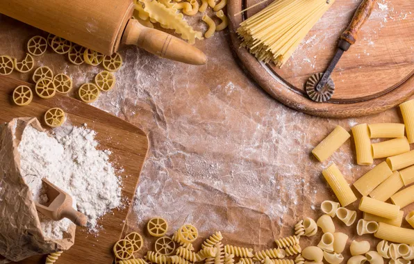 Paper, knife, different, flour, pasta, rolling pin, cuts, cutting Board