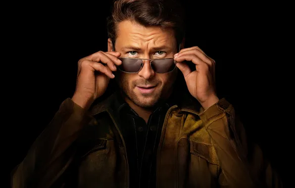 The film, glasses, jacket, black background, actor, Glen Powell, Glen Powell, Hit Man
