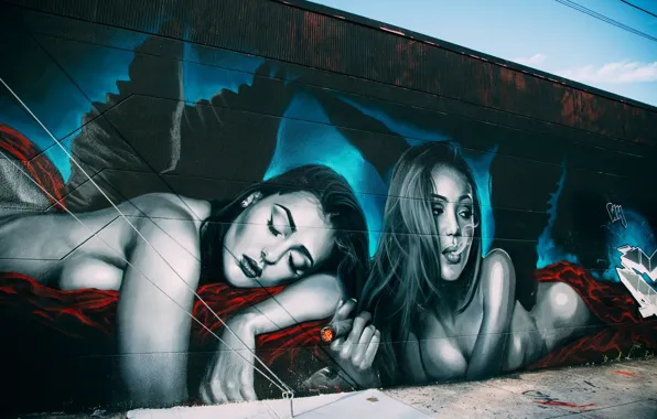 Girls, wall, graffiti, smoke, figure, wings, cigarette, Nude