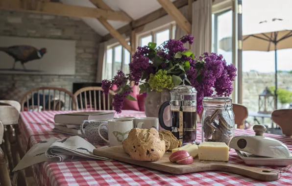 Table, books, coffee, food, Breakfast, cheese, cookies, bread