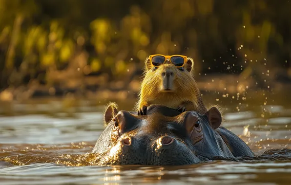 Sunglasses, swimming, capybara, AI art, hippos