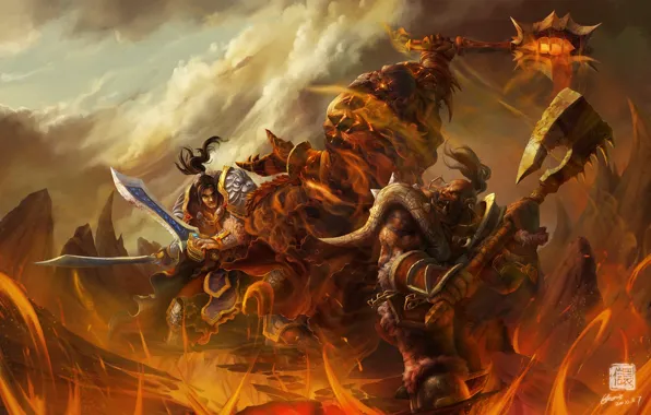 Weapons, rocks, fire, monster, warrior, art, lava, World of Warcraft