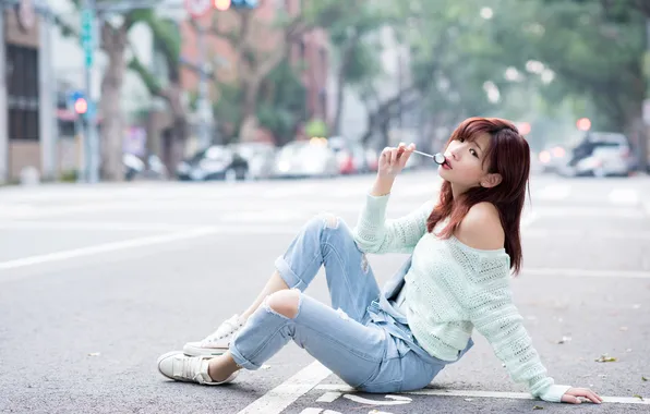 Picture girl, pose, street, jeans, candy