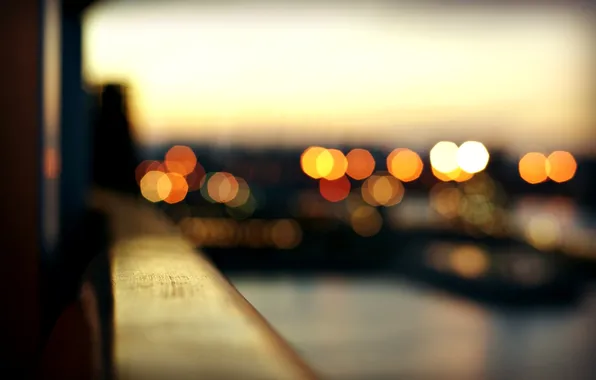 Picture the city, lights, the evening, railings, colorful, bokeh