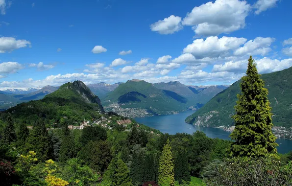 Trees, mountains, Park, Switzerland, Switzerland, Lake Lugano, Ticino, Ticino