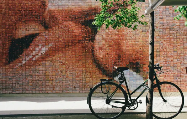 Picture bicycle, bike, art, street, kiss, street art