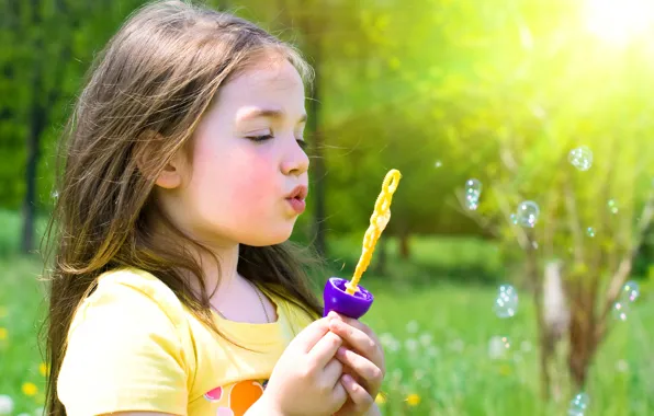 Picture grass, trees, flowers, nature, children, childhood, bubbles, child