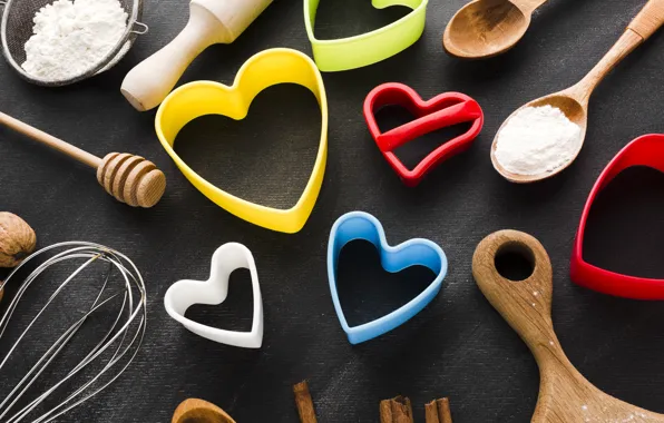 Table, holiday, heart, heart, walnut, spoon, hearts, black background