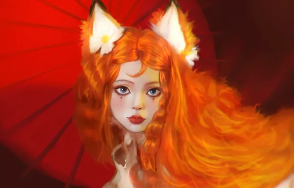 Girl, umbrella, fantasy, Fox