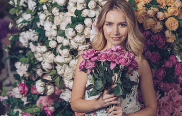 Picture girl, background, portrait, roses, bouquet, colorful, blonde