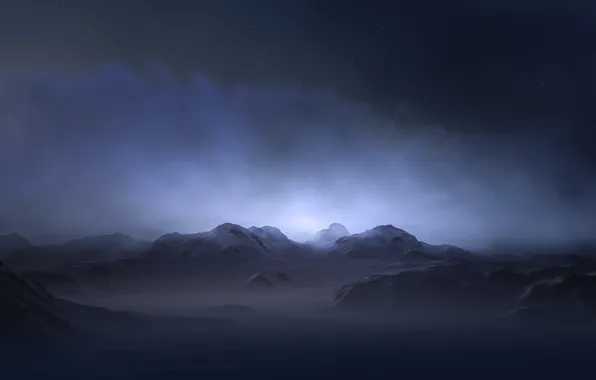 Snow, mountains, lights, lights, rendering, background, tops, glow