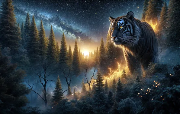 Forest, stars, night, tiger, AI art, neural network