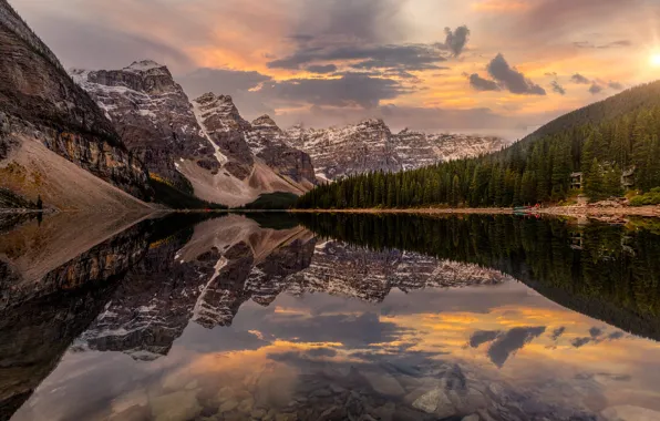 Forest, clouds, mountains, lake, reflection, shore, Canada, Albert