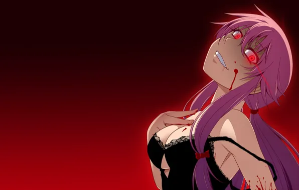 Girl, blood, neckline, red eyes, long hair, solo, pink hair, mirai nikki