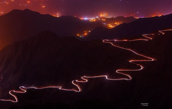 Picture road, mountains, night, lights, glow, serpentine