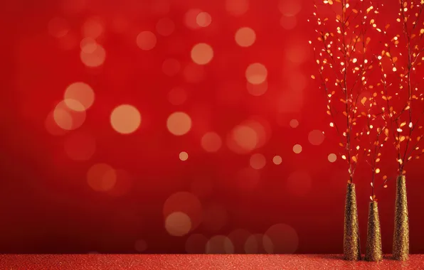 Branches, texture, Christmas, New year, gold plated, red background, bokeh, Christmas decorations