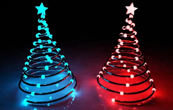 Stars, light, blue, red, lights, holiday, tree, new year