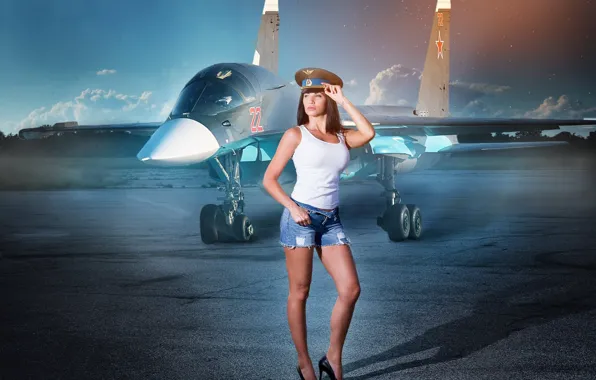 Picture girl, pose, shorts, fighter, figure, the plane, cap, Sergey Kiboga