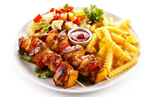 Plate, vegetables, sauce, kebab, salad, potatoes