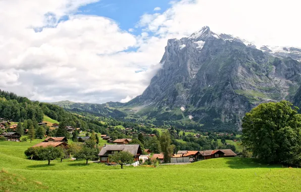 Picture clouds, trees, mountains, rocks, field, home, Switzerland, the village