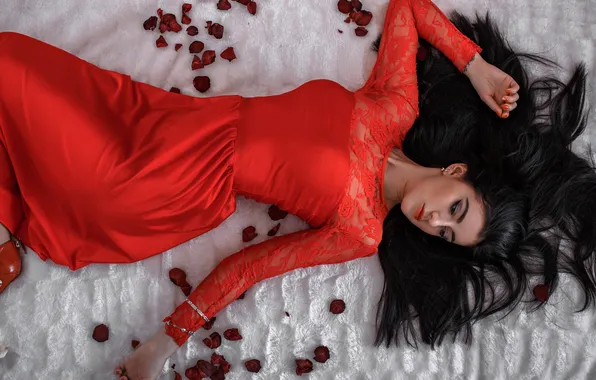 Picture model, petals, dress, in red, Alina, Dmitry Pererva
