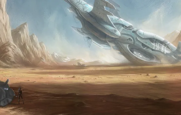 Girl, rocks, transport, desert, ship, art, shipwreck