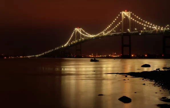 Night, bridge, the city, reflection, river