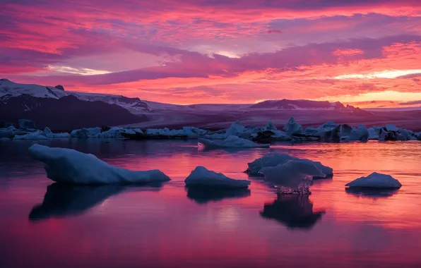 Ice, the sky, snow, sunset, the ocean, icebergs